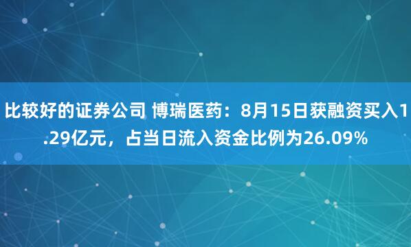 比较好的证券公司 博瑞医药：8月15日获融资买入1.29亿元，占当日流入资金比例为26.09%